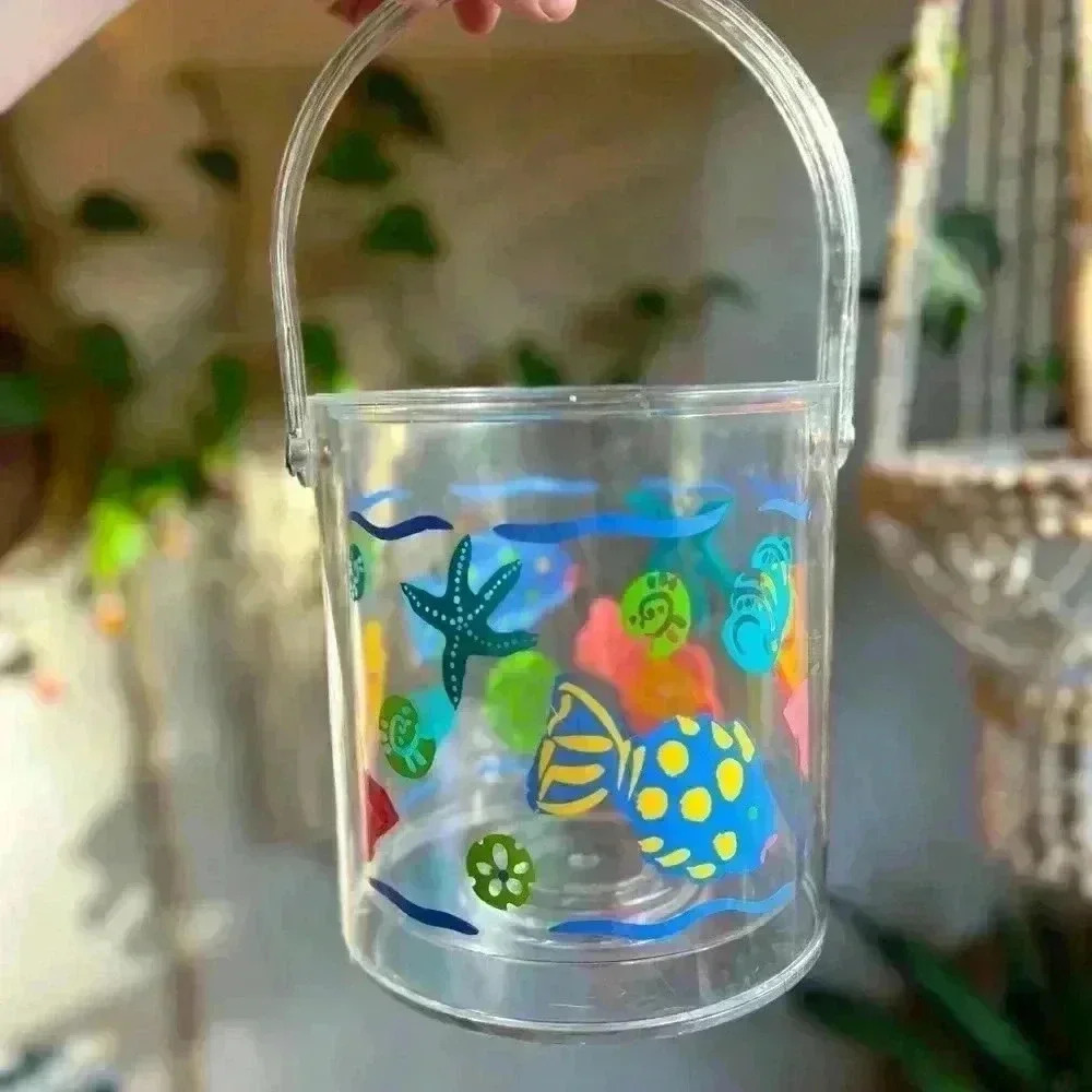 Vintage 90’s Acrylic Ice Bucket Retro Clear Tropical Fish & Beach Theme Decor